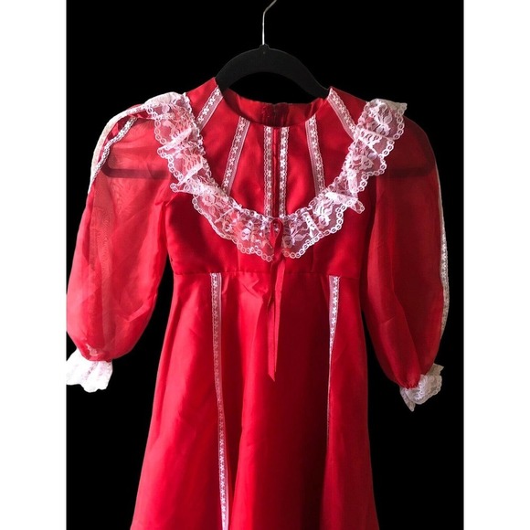Vtg Fancy Frocks Party Christmas Dress Girls 4 Red Victorian Lace Ruffles Poofy - Picture 2 of 12